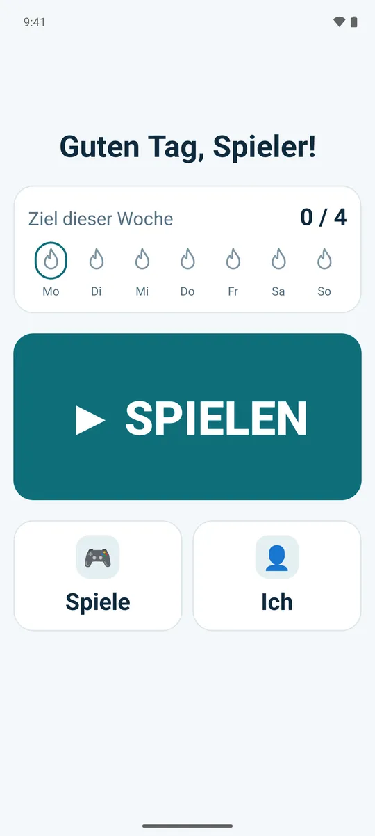 Der einfache Startbildschirm: eine Begrüßung, eine große SPIELEN-Taste und das Ziel dieser Woche, mit einer kleinen Flamme für jeden gespielten Tag.