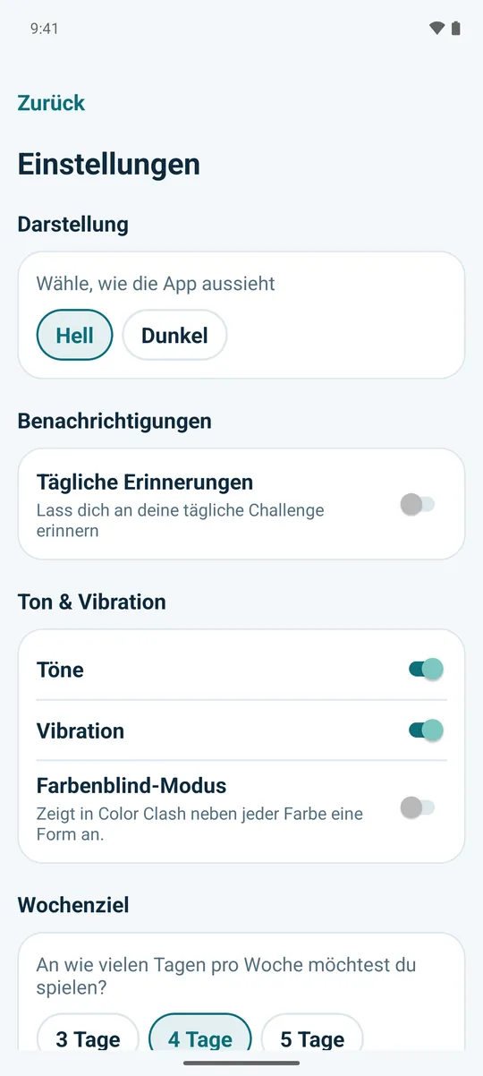 Der Bildschirm Einstellungen mit der Wahl zwischen heller und dunkler Darstellung.