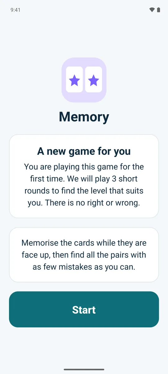 Flow’s notice before a new game: a few short rounds will find a suitable level, and there is no right or wrong.