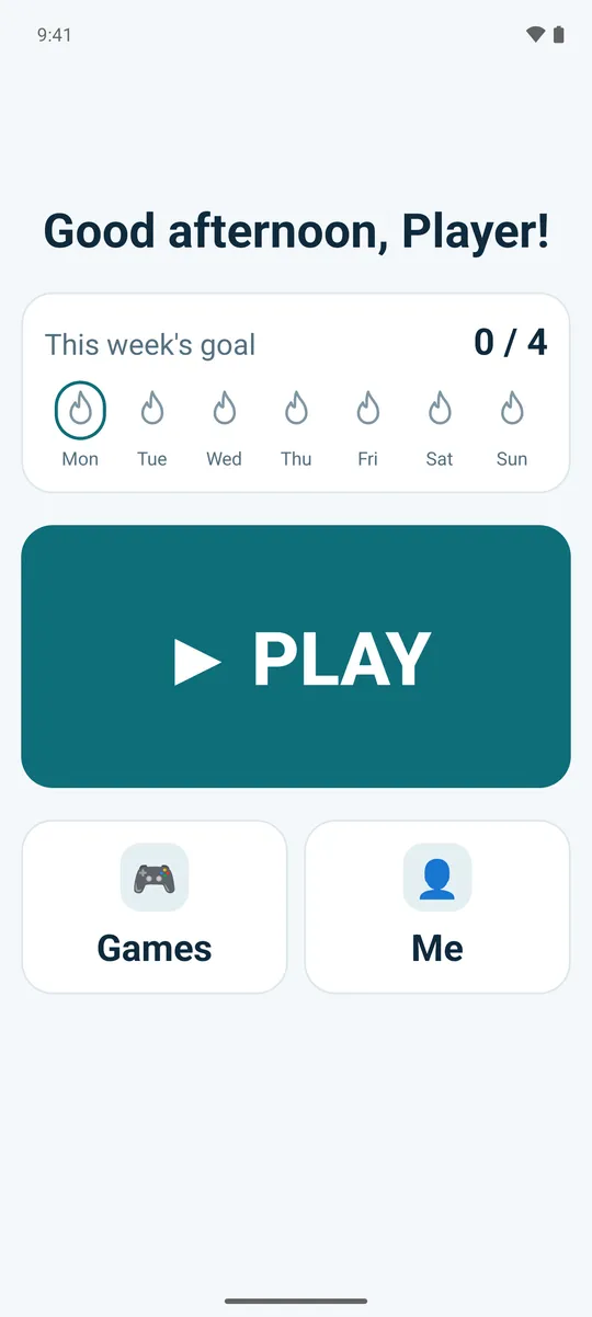 The Simple home screen: a greeting, one big PLAY button and this week’s goal, with a small flame for each day played.