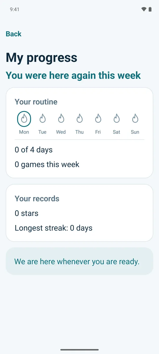 My progress on a new account, with a calm message: “We are here whenever you are ready.”