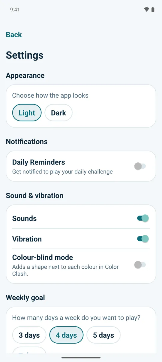The Settings screen, with the choice between Light and Dark appearance.
