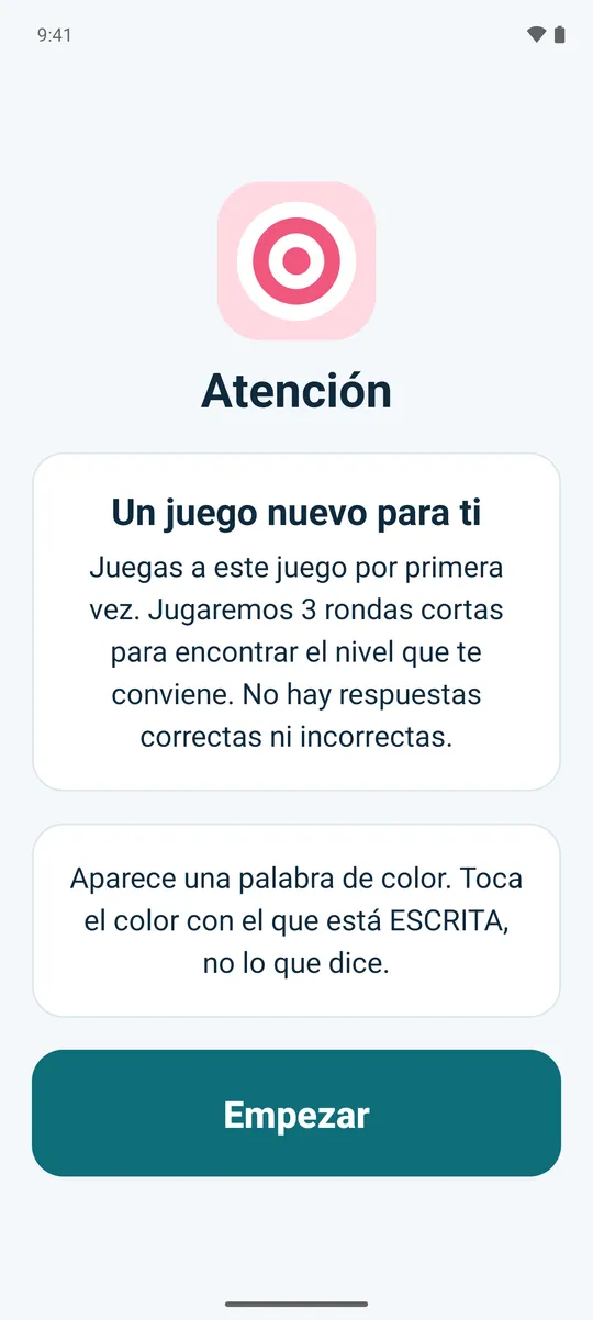 El aviso de Flow antes de un juego nuevo: unas rondas cortas encontrarán un nivel adecuado, y no hay respuestas correctas ni incorrectas.