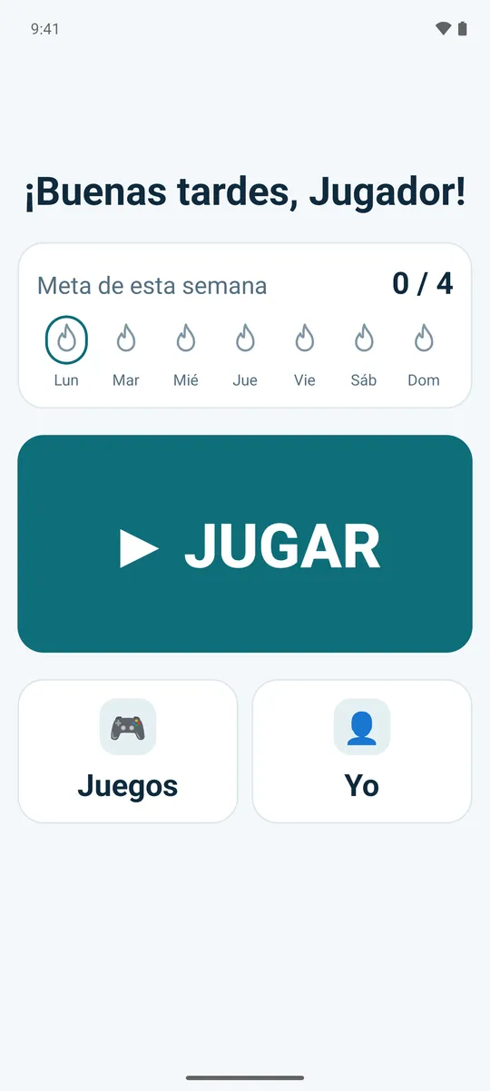 La pantalla de inicio sencilla: un saludo, un gran botón JUGAR y la meta de esta semana, con una pequeña llama por cada día jugado.