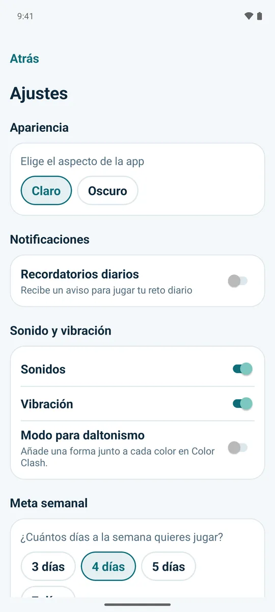 La pantalla de Ajustes, con la elección entre apariencia clara y oscura.