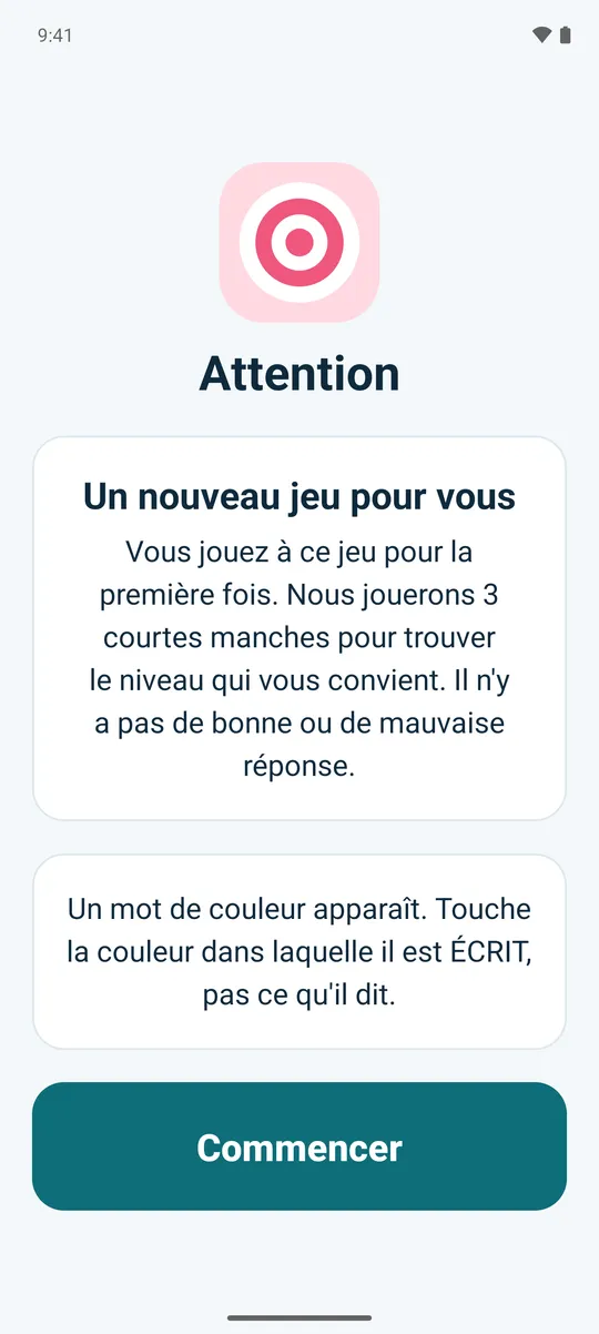 Le message de Flow avant un nouveau jeu : quelques manches courtes vont trouver un niveau adapté, et il n’y a pas de bonne ou de mauvaise réponse.