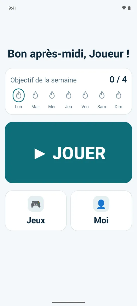 L’écran d’accueil simple : un mot d’accueil, un gros bouton JOUER et l’objectif de la semaine, avec une petite flamme pour chaque jour joué.