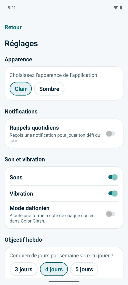 L’écran Réglages, avec le choix entre l’apparence claire et sombre.