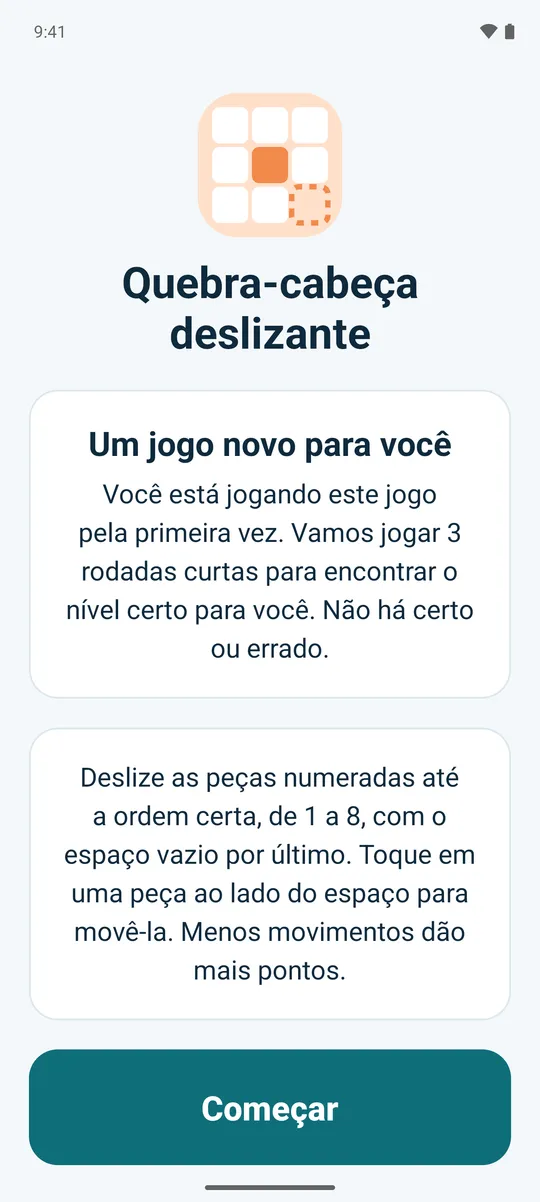 O aviso do Flow antes de um jogo novo: algumas rodadas curtas vão encontrar um nível adequado, e não há certo ou errado.
