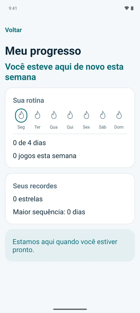 Meu progresso em uma conta nova, com uma mensagem tranquila: “Estamos aqui quando você estiver pronto.”