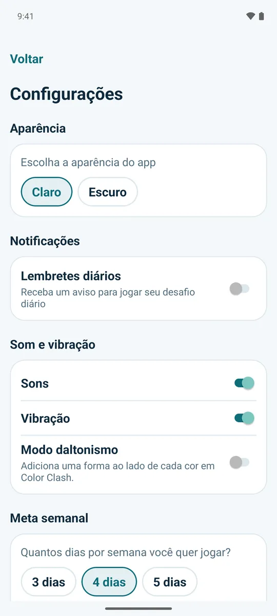 A tela de Configurações, com a escolha entre aparência clara e escura.
