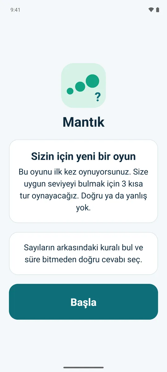 Yeni bir oyundan önce Akış'ın bilgilendirmesi: birkaç kısa tur uygun seviyeyi bulacak, doğru ya da yanlış yok.