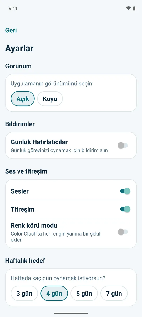 Ayarlar ekranı; Açık ve Koyu görünüm arasında seçim.